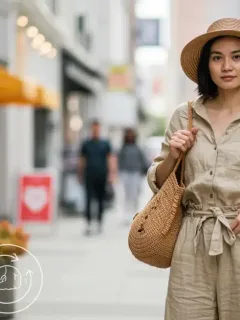 Woman in sustainable chic outfit in urban setting, embodying conscious fashion choices.