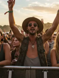 Summer 2026 festival attendees in stylish, eclectic outfits dancing at an outdoor concert.