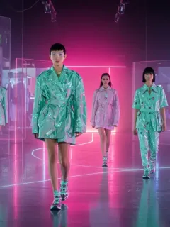 Futuristic runway showcasing Spring 2026 fashion trends for US retailers.