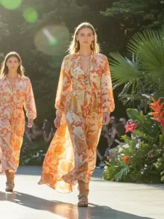 Models on a runway presenting new summer fashion collection with bright colors and light fabrics.