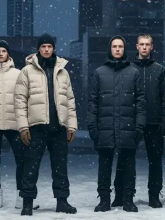 Models displaying stylish and warm winter 2026 outerwear in a snowy city scene.