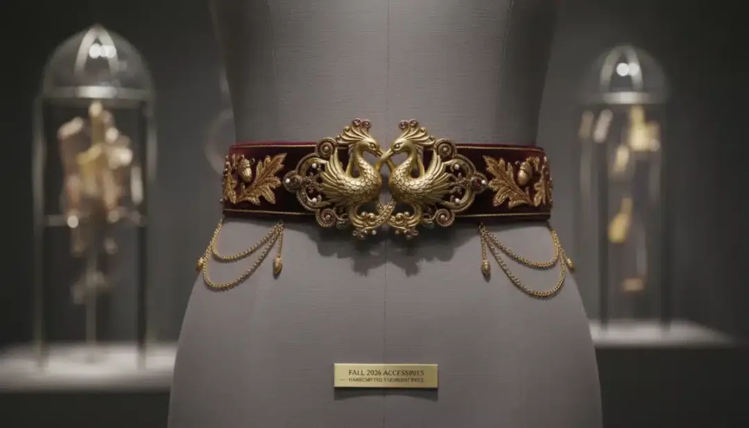 Close-up of luxurious intricately designed belt with distinctive buckle for Fall 2026