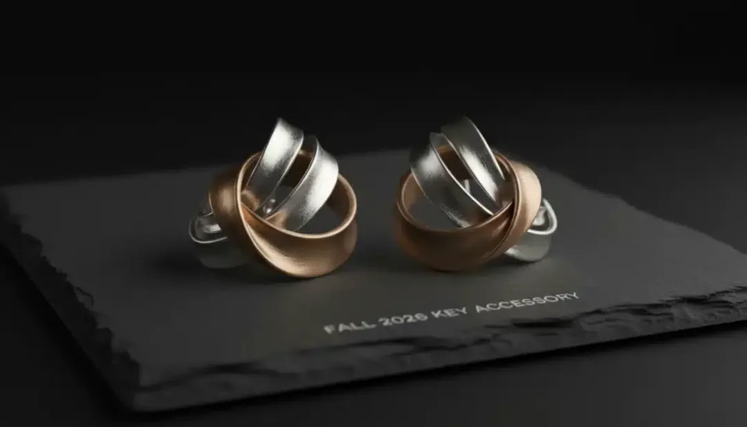 Avant-garde sculptural metallic earrings displayed on dark surface for Fall 2026