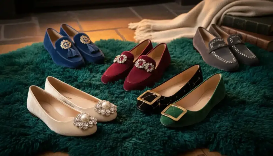 Luxury velvet loafers and embellished ballet flats on plush rug