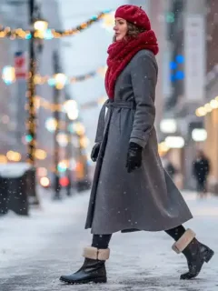Stylish woman in winter ankle boots on snowy city street