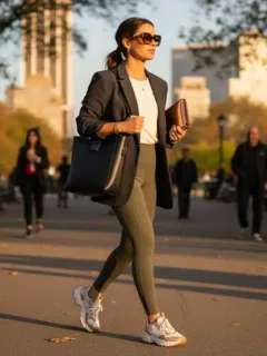 Woman in tailored athleisure blazer and technical leggings for day-to-night transition