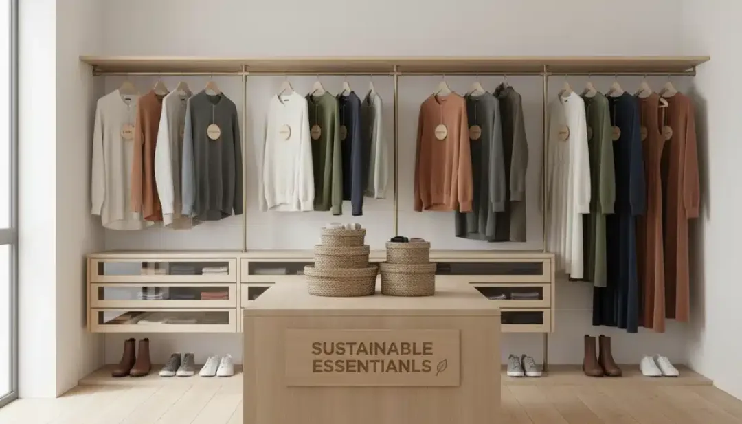 Organized, minimalist closet featuring curated, high-quality sustainable garments.