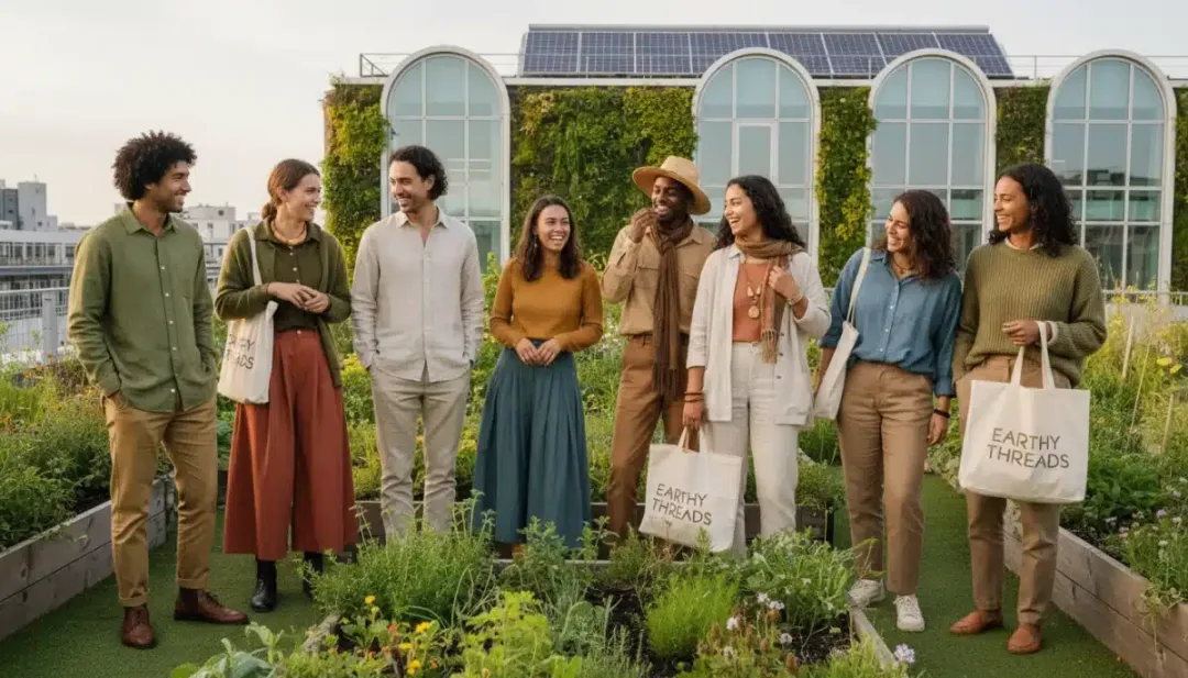 Diverse individuals happily modeling sustainable fashion in an urban garden setting, reflecting conscious consumer choices.