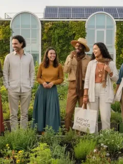 Diverse individuals happily modeling sustainable fashion in an urban garden setting, reflecting conscious consumer choices.