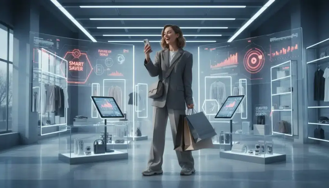 Woman smiling with shopping bags, embodying smart fashion budget management and quality apparel choices.