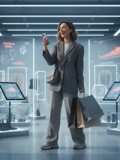 Woman smiling with shopping bags, embodying smart fashion budget management and quality apparel choices.