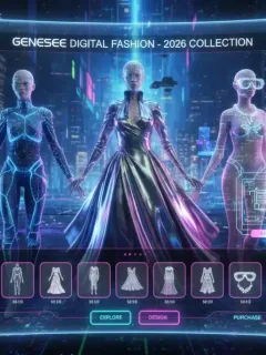Futuristic online shopping interface with digital fashion and virtual models.