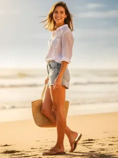 Woman in affordable summer outfit with white linen shirt and denim shorts