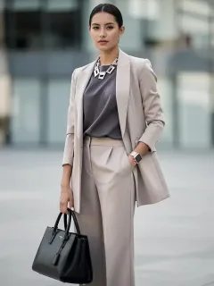 Woman elevating outfit with statement necklace, structured handbag, and modern watch