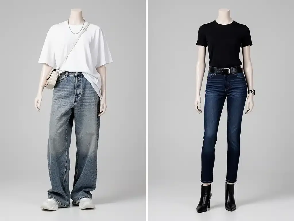 Comparison of relaxed wide-leg and tailored denim fits on mannequins.