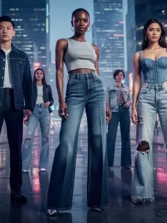 Models displaying 2026 denim trends, emphasizing varied styles and sustainable fashion.