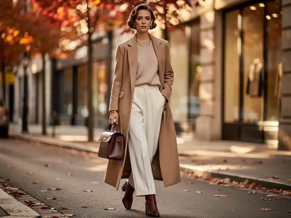 Woman in elegant Fall 2026 fashion, layered tailored coat and wide-leg trousers