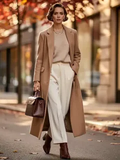Woman in elegant Fall 2026 fashion, layered tailored coat and wide-leg trousers