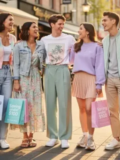 Stylish young adults wearing affordable spring 2026 fashion trends in a city park.