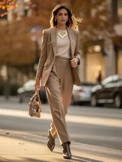 Woman in stylish layered fall outfit, wide-leg trousers, blazer, unique accessory, urban setting.