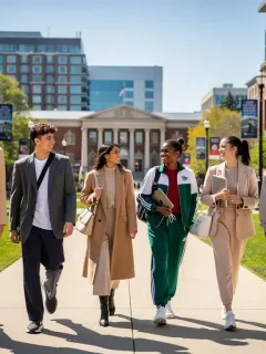 College students displaying diverse fashion trends on a bustling university campus in the US.