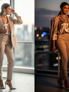 Woman transitioning from professional to evening wear, showcasing versatility