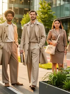 Models wearing sustainable fashion outfits from the 2026 guide, demonstrating eco-conscious style.