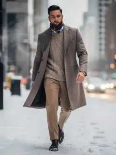 Woman in stylish layered winter outfit walking in snow