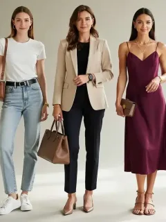 Woman modeling three versatile, budget-friendly outfits built through smart shopping