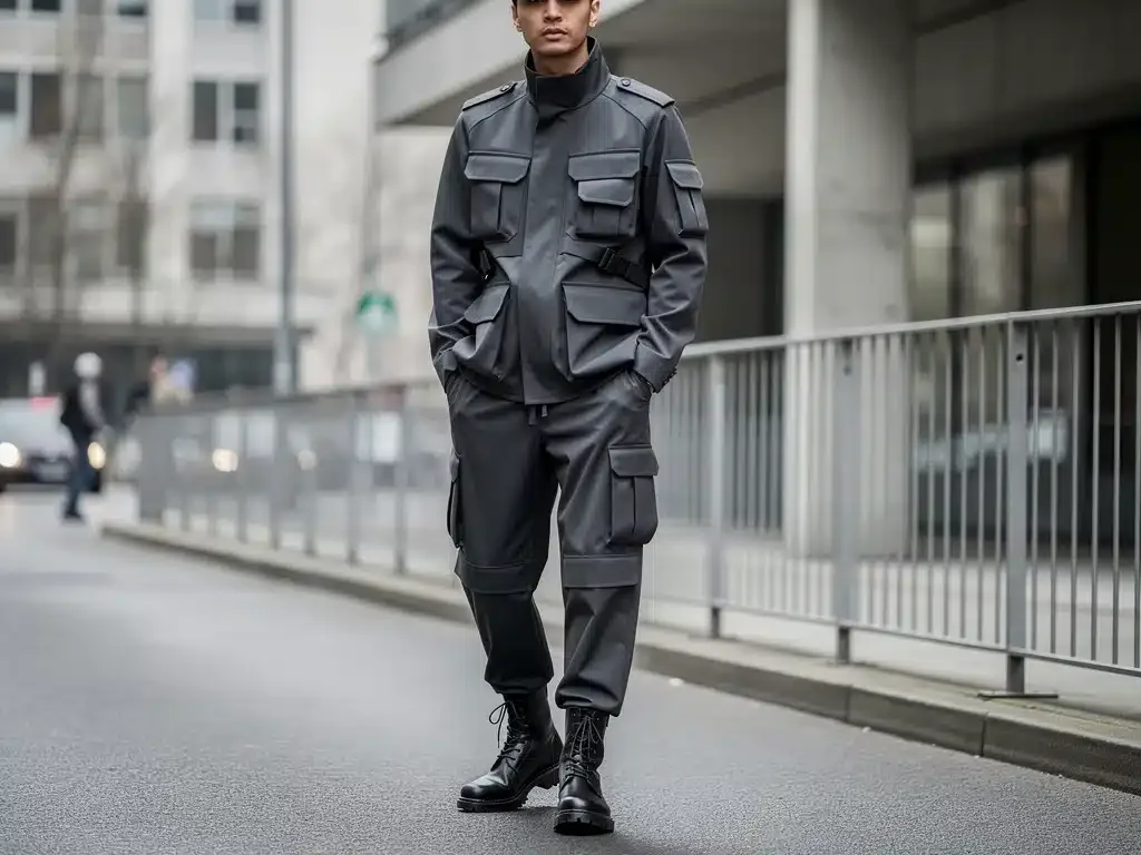 Individual in minimalist utilitarian outfit, showcasing Spring 2026 modern utility trend in urban setting