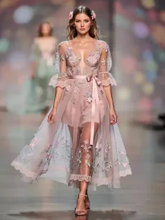 Model in flowing pastel dress, embodying Spring 2026 Neo-Romanticism trend