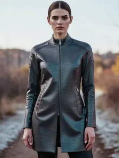 Model in innovative Fall 2026 outerwear showcasing new fabric technology.