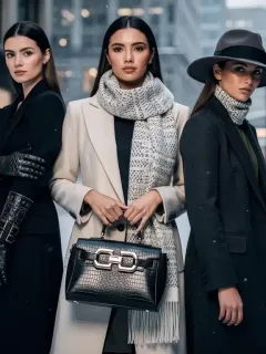 Luxurious winter 2026 accessories displayed on models in a chic urban setting.