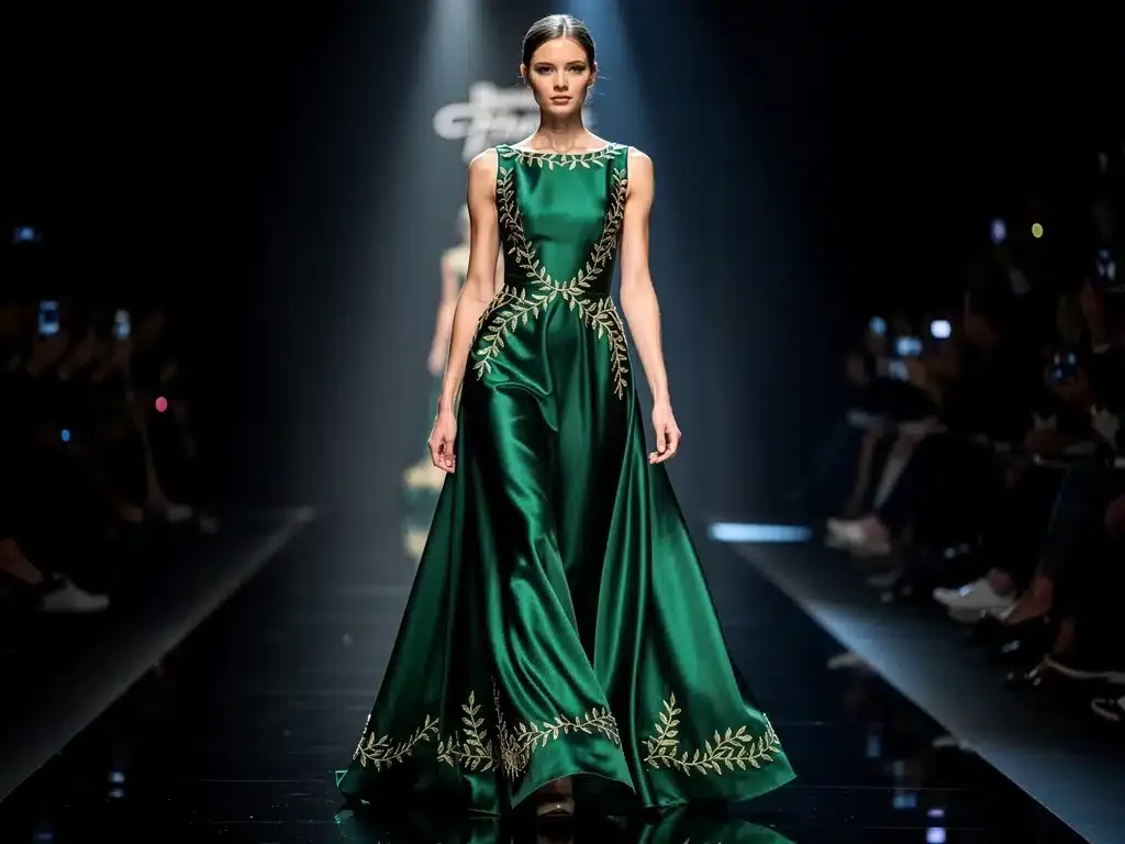 Model in emerald green gown, showcasing Enchanted Forest palette
