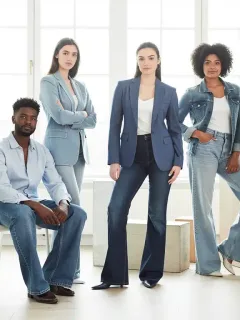 Models wearing diverse Spring 2026 denim trends, showcasing wide-leg, flared, and tailored jean styles.