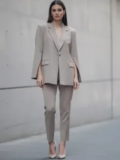 Model showcasing 70/30 silhouette rule with oversized blazer and slim trousers