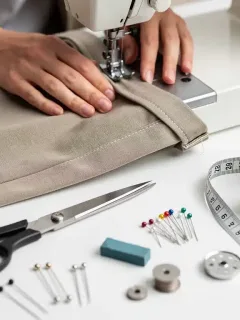 Hands sewing a hem on trousers with a sewing machine, transforming their look.