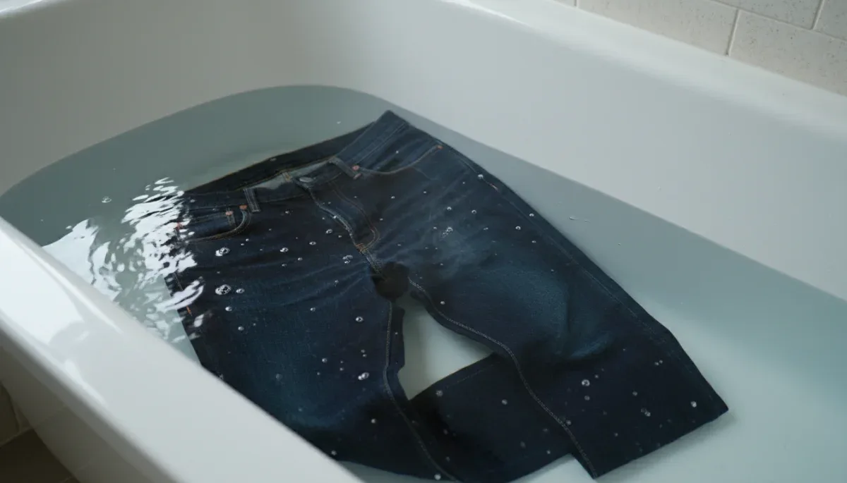 Raw denim jeans soaking in cold water inside a basin to prevent shrinkage.