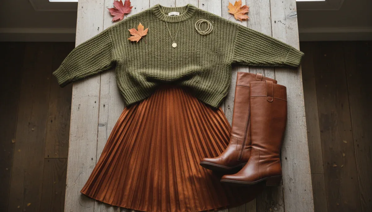 Oversized sweater paired with a pleated midi skirt and knee-high boots for autumn