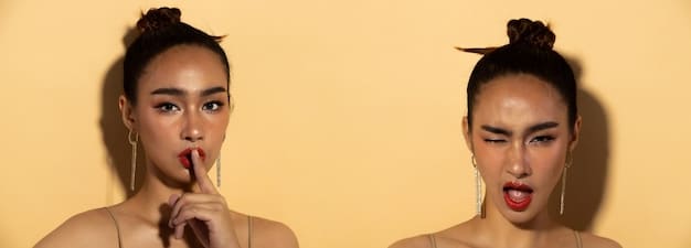 A split-screen image showing a woman's face. On the left, she has minimal daytime makeup. On the right, she has darkened her eyeshadow, added a bold lip color, and her hair is styled in loose waves to showcase how makeup transforms an individual's look.