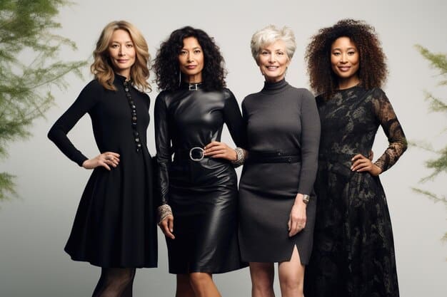 A diverse group of women, each wearing a different style of little black dress and styled with unique accessories, showcasing the versatility of the LBD for different body types and personal tastes, standing in a natural light and green outdoor setting.