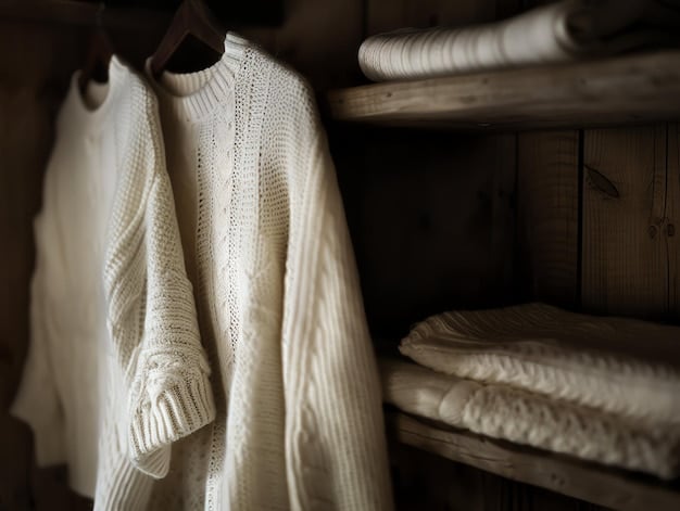 A close-up of a curated minimalist wardrobe, featuring neatly folded neutral-colored sweaters, classic white shirts, and tailored black pants arranged on shelves.