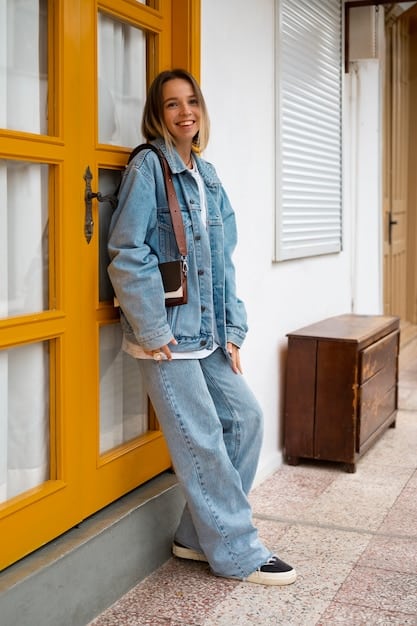 A person stylishly dressed in a capsule wardrobe outfit consiting of well-fitting jeans combined with a cream knitted sweater; the model is wearing elegant brown leather boots and accessorizes with a brown leather shoulder bag.