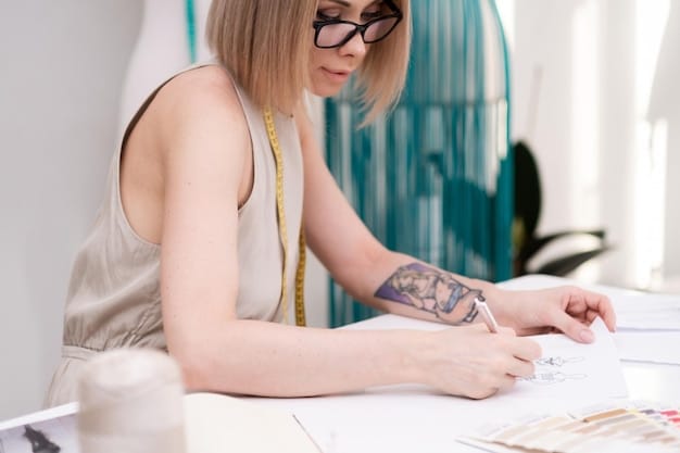 A close-up shot of a designer sketching a plus-size dress design in their studio, surrounded by fabric swatches and design inspiration boards. The designer is focused and passionate about their work.
