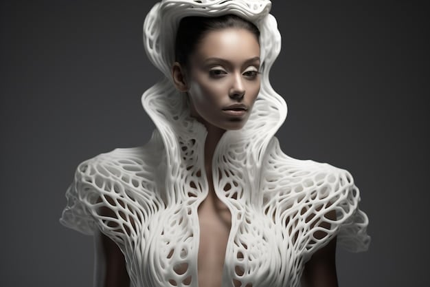 A model wearing an avant-garde garment made from recycled materials. The design is futuristic and unconventional, showcasing the designer's creativity and commitment to sustainability. The background is a stark, industrial setting.