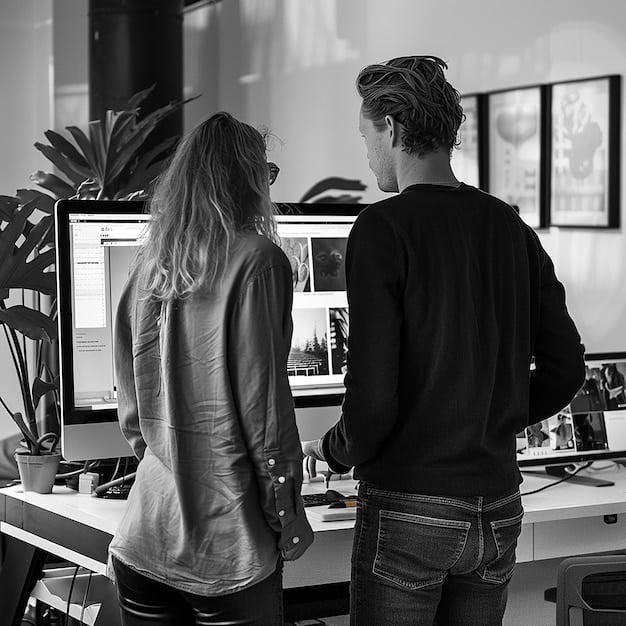 A behind-the-scenes photograph of the designers working collaboratively in a studio setting. The image conveys a sense of creative energy and collaboration, with sketches, mood boards, and fabric samples scattered around the space. The designers are engaged in a lively discussion, showcasing their shared passion for innovation and design.