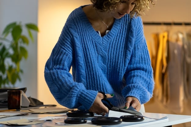 A close-up shot of a designer's hands meticulously crafting a sustainable garment in their studio, highlighting the quality and craftsmanship associated with independent design.