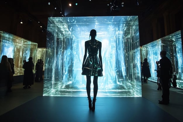 A model showcasing a technologically advanced garment in a runway show, with digital projections displaying relevant data or interactive elements onto the fabric, highlighting the designer's innovation.