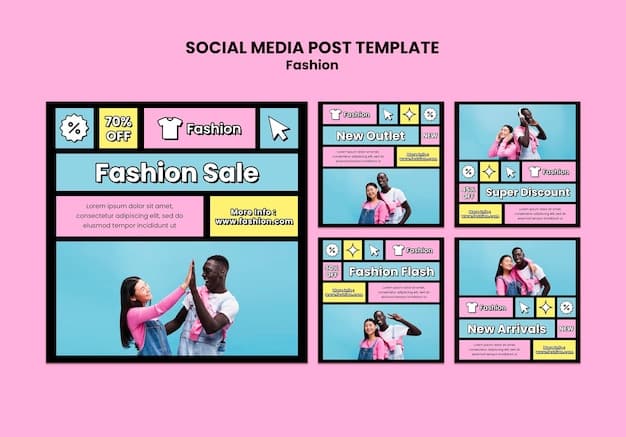A vibrant social media post showcasing a designer's clothing line available at a US retailer, featuring diverse models and engaging captions.