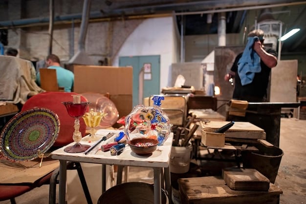 A photograph of a workshop where artisans are diligently working on a project, showcasing traditional tools and techniques in a collaborative setting. The image captures the essence and history of these time-honored practices.